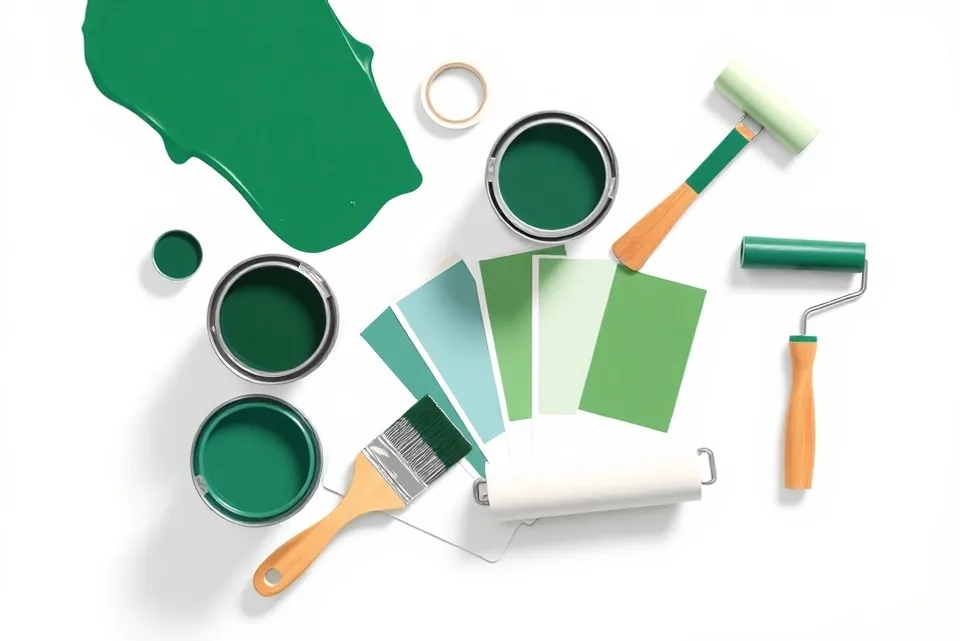 Pots de peinture, nuancier, brosses et rouleaux disposés à plat