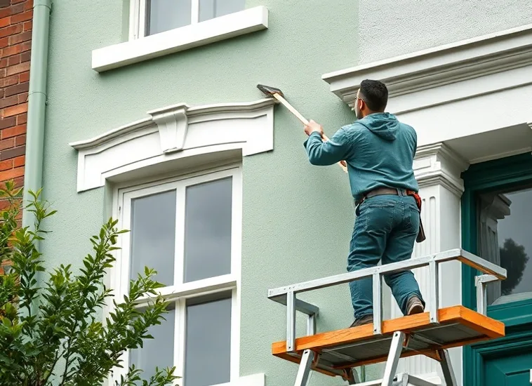 Peintre sur échafaudage traitant la façade d'une maison