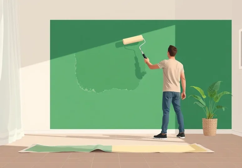 Peintre appliquant la peinture au rouleau sur un mur de salon